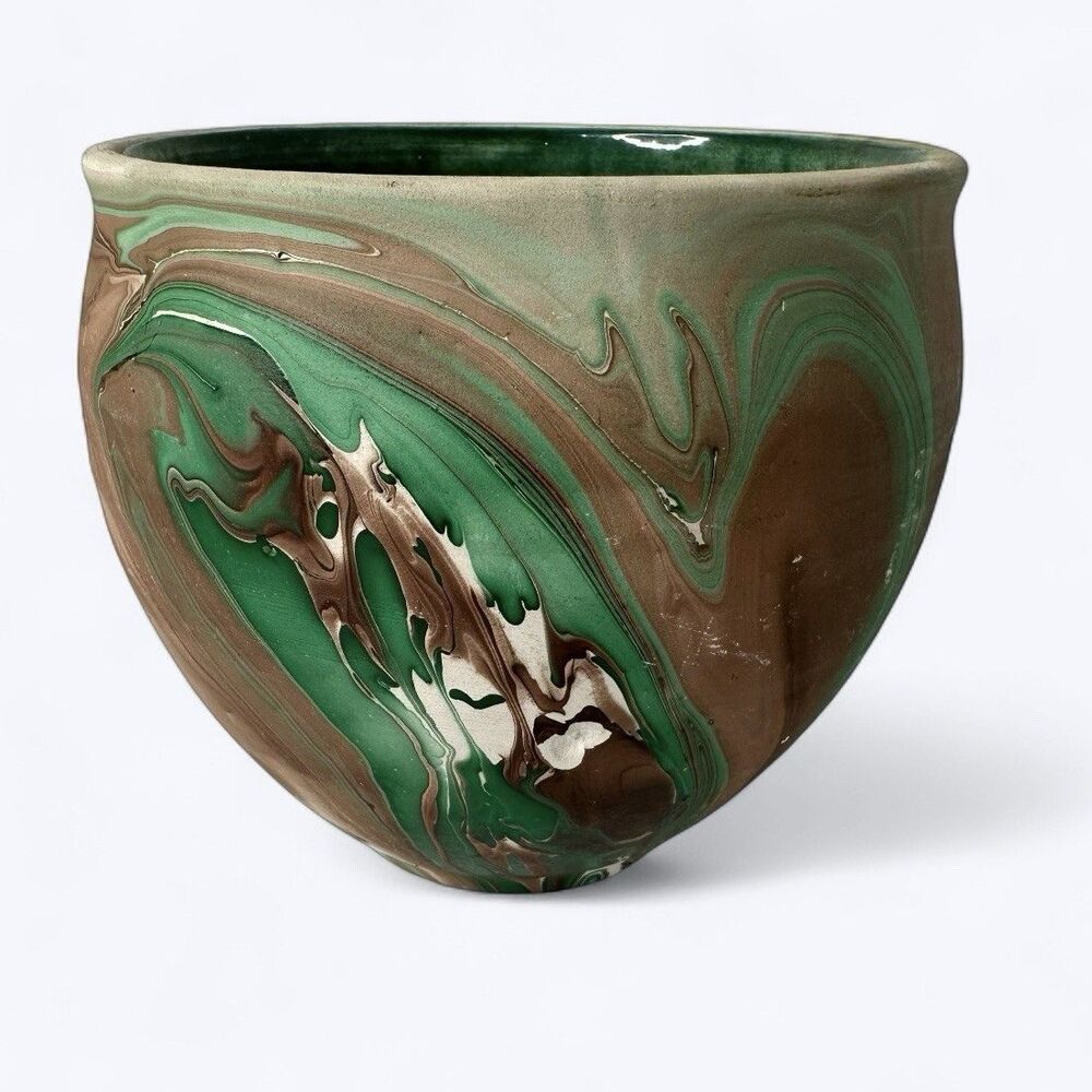 Art Pottery Planter Marked Yosemite National Park Vase Green Brown Swirl 4" READ